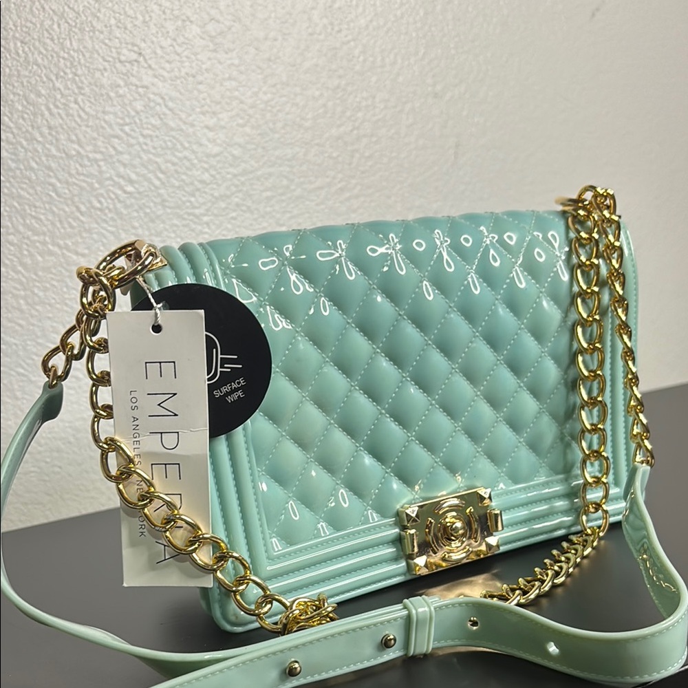 Green and Gold Quilted Crossbody Bag with Chain Strap